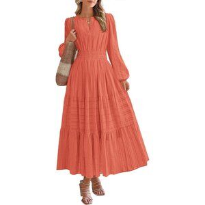 Women Orange Long Sleeve V Neck Elastic Waist Lightweight Maxi Dress Pockets
